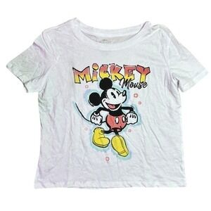 Disney‎ Mickey Mouse Graphic Tee White Cropped Skimmer T Shirt Womens Large